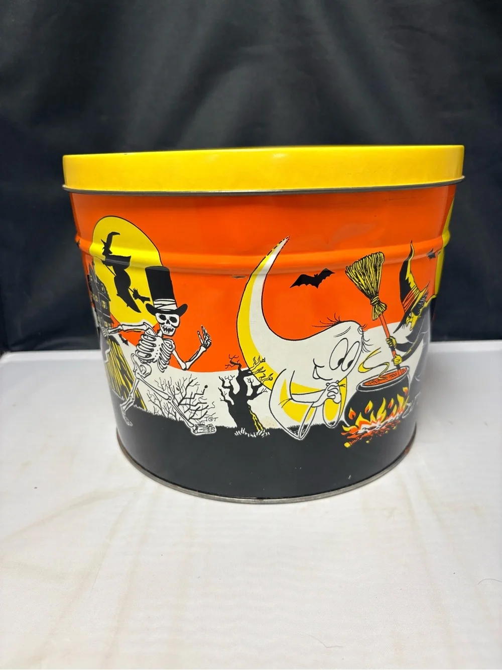 VTG Halloween Metal Tin Storage Litho Bucket Witch Ghost Skeleton Creepy Cool